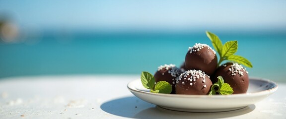 Chocolate truffles with mint on beach, tropical indulgence