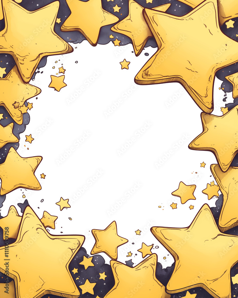 Aufkleber whimsical frame of golden stars on dark background creates playful and enchanting border. stars vary in size, adding depth and charm to design. Perfect for creative projects