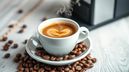 Freshly brewed coffee in cup with heart shape steam and beans, morning light, invigorating