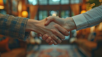 Two hands shake in a warm, inviting setting, symbolizing agreement or partnership.