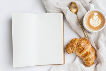 Cozy Coffee Setup with Croissants, Rustic Notebook, Vintage Spoons, Boho Picnic Aesthetic, Textured Fabrics, Warm Earthy Tones