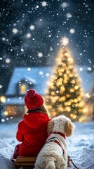 A child in a red coat and hat is sitting on a sled with her arm around a white goldendoodle dog, both are looking away towards a decorated Christmas Tree close by. They are in a snowy field. In the di