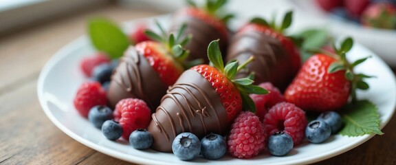 Chocolate-dipped strawberries with mixed berries, indulgent dessert