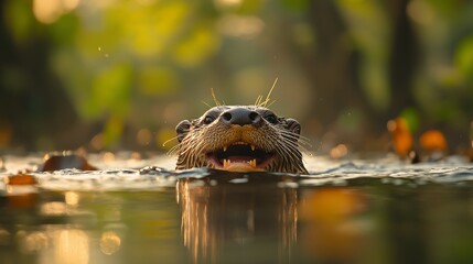 An otter's head emerges from the water, surrounded by greenery and soft sunlight.
