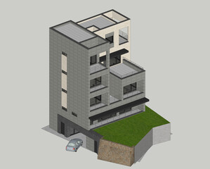 3d render of a modern building, 3d isometric architectural illustration of a Contemporary Brick and Stucco Residence with Pool and Balcony Design