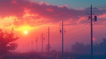 Utility Poles with Power Lines at Sunset