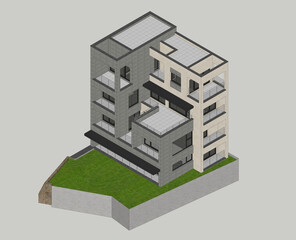 3d render of a building, 3d architectural illustration of a Contemporary Brick and Stucco Residence with Pool and Balcony Design