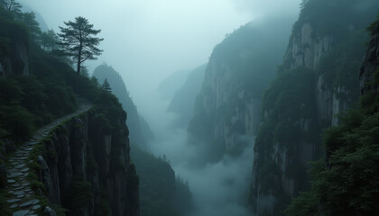Misty Asian mountain gorge with a narrow path and eerie atmosphere