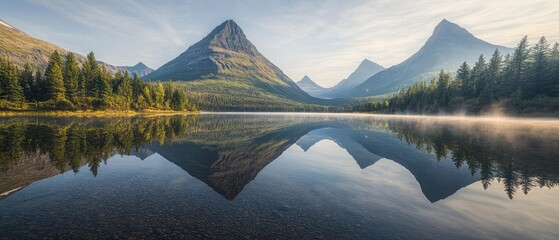 Crystal-clear mountain lake at sunrise, reflecting the towering peaks and lush evergreen trees with perfect symmetry, while faint mist begins to rise, creating a peaceful, mirrored image.