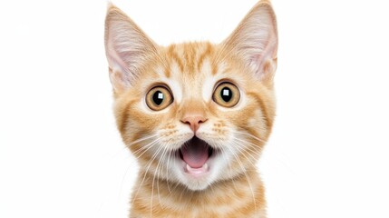 A surprised orange tabby cat with wide eyes and an open mouth against a white background.