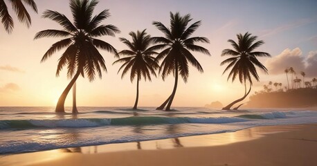Obraz premium Palm tree silhouettes on sandy beach with ocean waves , sandy beach, beach scenery
