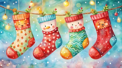 Delightful Watercolor Illustration Set of Red Christmas Socks Featuring Festive Characters in a Bokeh Effect, Perfect for Holiday Decor and Seasonal Celebrations