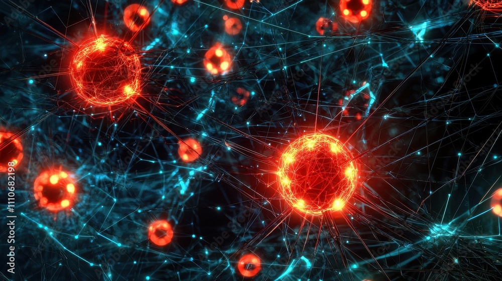 Poster conceptual visualization of a network under attack with glowing nodes and connections