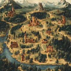 Obraz premium A detailed fantasy landscape featuring castles, rivers, and mountains.