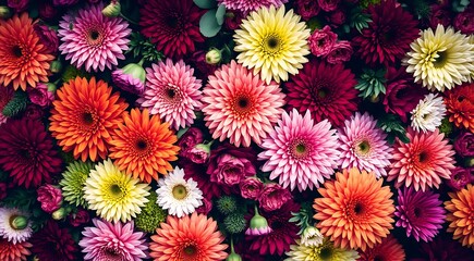 Fototapeta premium Flower wall background with vibrant red, orange, pink, purple, green, and white chrysanthemums; perfect for wedding decor