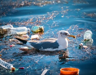 bird swimming through polluted water filled with plastic waste and debris