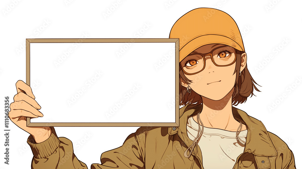 Aufkleber manga style character with glasses and cap holds blank photo frame, inviting creativity. character c