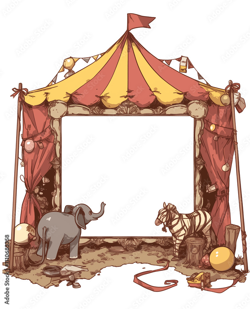 Poster Circus themed photo frame with whimsical tent, featuring elephant and zebra, isolated on white background. playful design includes colorful flags and decorative elements