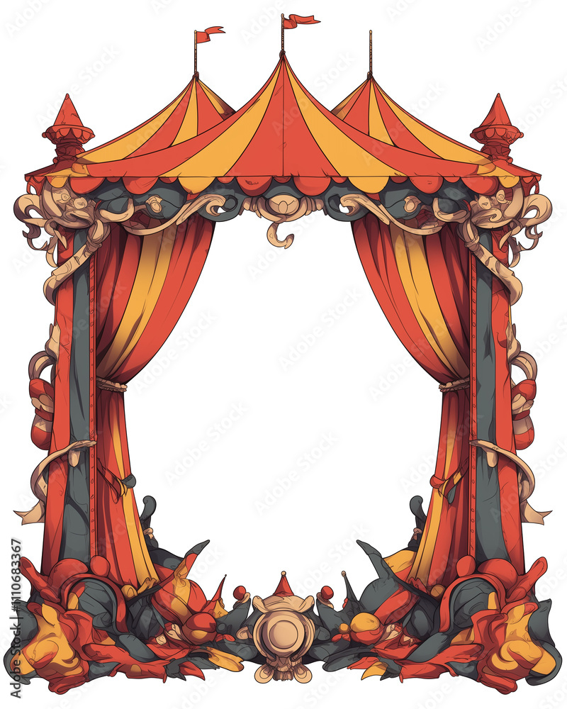 Poster vibrant circus themed photo frame with red and yellow striped curtains, adorned with whimsical decor