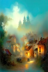 Dreamy Foggy Village Scene with Illuminated Pathways Artistic Wall Art