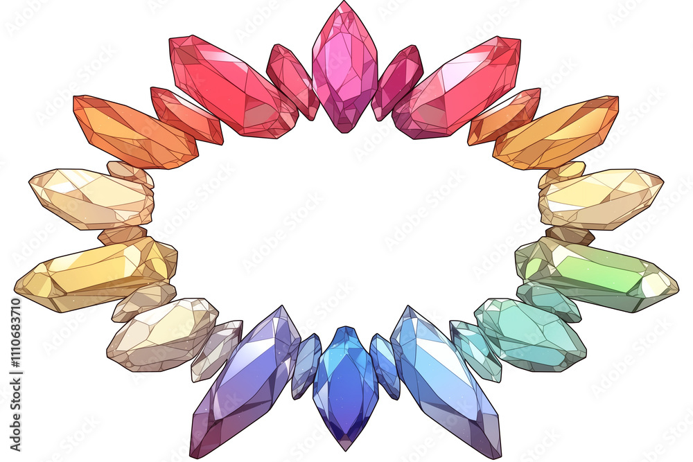 Poster Colorful crystal frame with vibrant gemstones arranged in circular pattern, isolated on white background, creating dazzling and artistic display