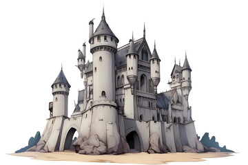 Enchanted castle illustration with towers and arches, isolated on white background, evokes sense of wonder and fantasy