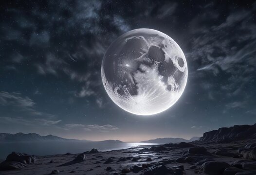 Captivating starry sky backdrop with full moon shining bright, nighttime, night scene