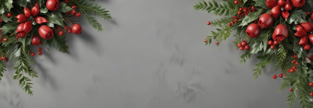 Classic red and green color scheme with holly and mistletoe accents for festive banner, banner, template