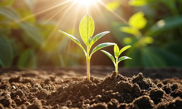 young plant growing in garden with sunlight