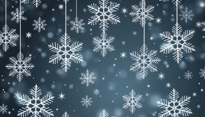 Seamless winter christmas pattern with sumptuous hanging silver colored snowflakes and stars on background