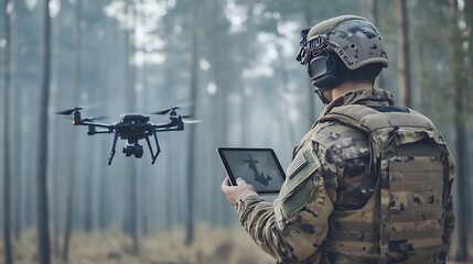 A soldier demonstrates modern military equipment in the forest by controlling drones with a tablet
