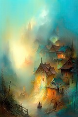 Fantasy Landscape Wall Art with Illuminated Village and Soft Hues