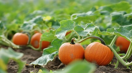 Pumpkin in farmland in Fall. Seasonal theme for greeting card background.