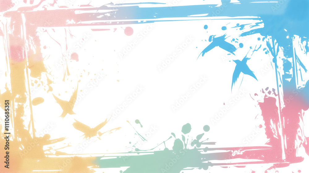 Aufkleber colorful holographic photo frame with abstract bird and splash design, isolated on white background.