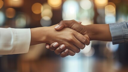 Two hands shake in a warm, professional setting, symbolizing agreement, collaboration, or new beginnings.