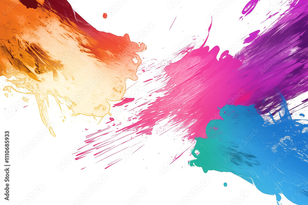 Poster vibrant splashes of orange, pink, and blue paint create dynamic and colorful abstract design on whit