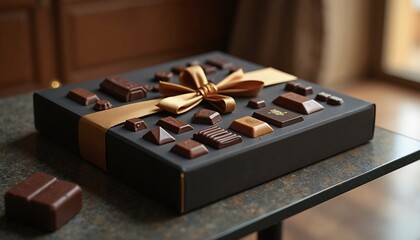 Elegant chocolate gift box with gold ribbon, indulgent treat