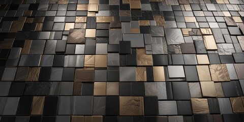 Abstract mosaic background featuring a mix of metallic and matte tiles, metallic, tiles, design