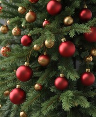 Fototapeta premium Evergreen branches from a Christmas tree with red and gold ornaments, celebrate, Christmas, green branches