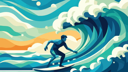 a man who is surfing in the rolling waves in low poly illustration