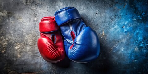 Dynamic Portrait of Red and Blue Boxing Gloves on a Textured Background, Perfect for Sports and Fitness Themes, Showcasing Strength and Competition in Action