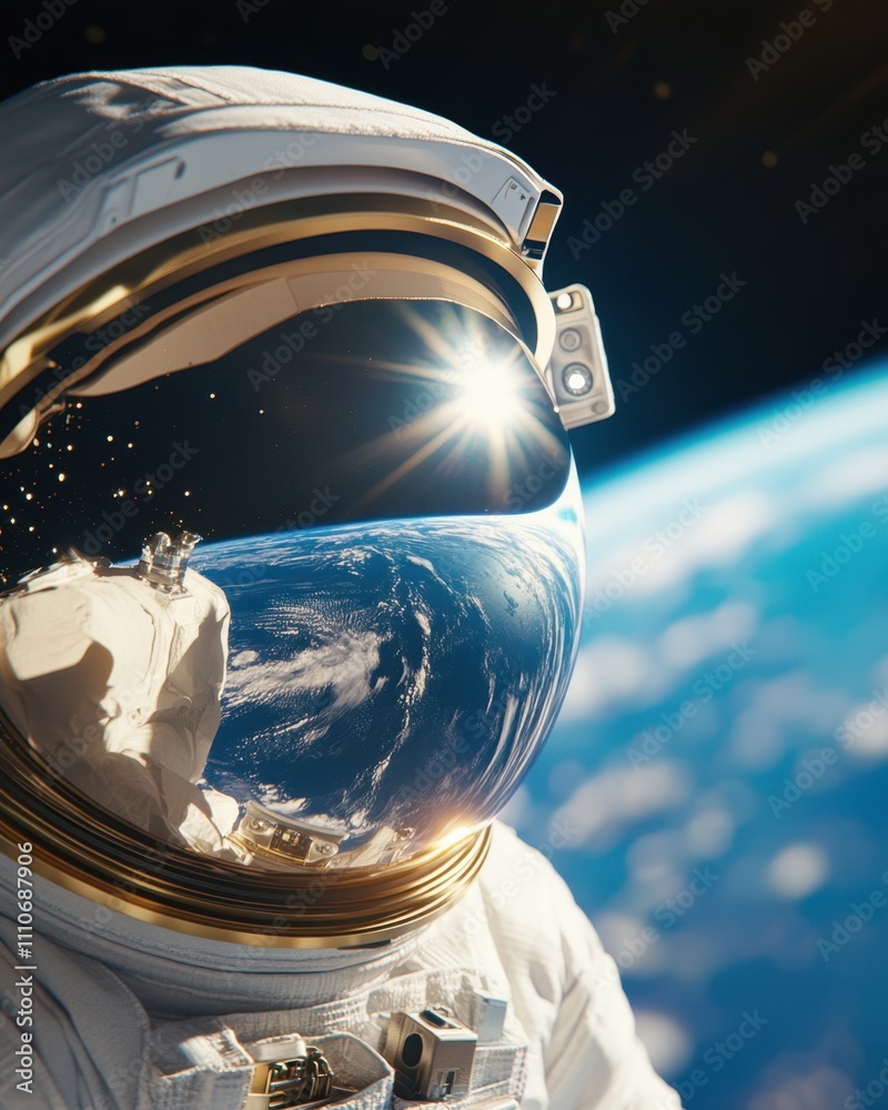 Aufkleber astronaut helmet reflecting earth while gazing into the cosmos with distant planets shimmering