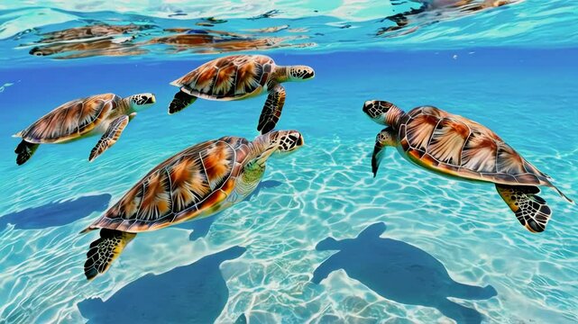Stunning Underwater Footage: Four Sea Turtles Gracefully Swimming in Crystal Clear Waters