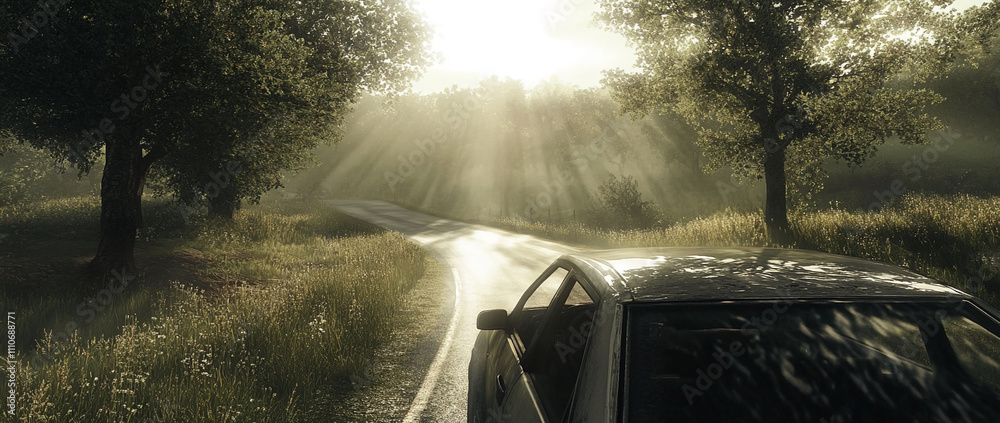 Poster sunlight filtering through trees along a quiet road with a parked car during early evening hours
