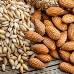 Fototapeta premium A close-up of assorted nuts including almonds and sesame seeds on a rustic wooden surface.