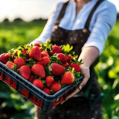 Freshly harvested strawberries in a basket, showcasing vibrant colors and natural beauty in a field setting.