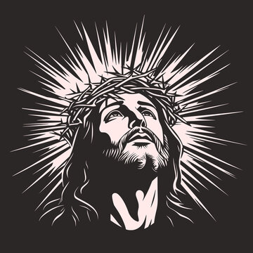 Stylized Black and White Jesus Portrait with Crown of Thorns. Vector Design.