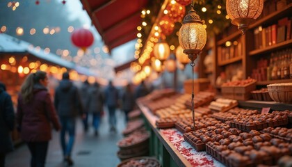 Fototapeta premium Festive holiday market with twinkling lights, seasonal charm