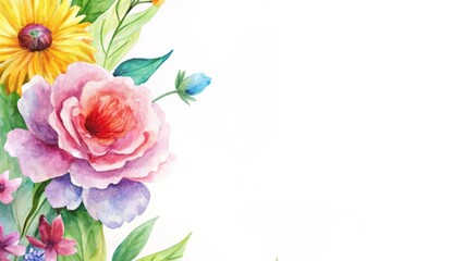 Watercolor Floral Composition on White Background – Delicate Hand-Painted Bouquet Featuring Rose, Daisy, Buds, and Greenery for Artistic or Decorative Use