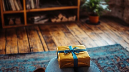 Fototapeta premium Orange gift box on blue background